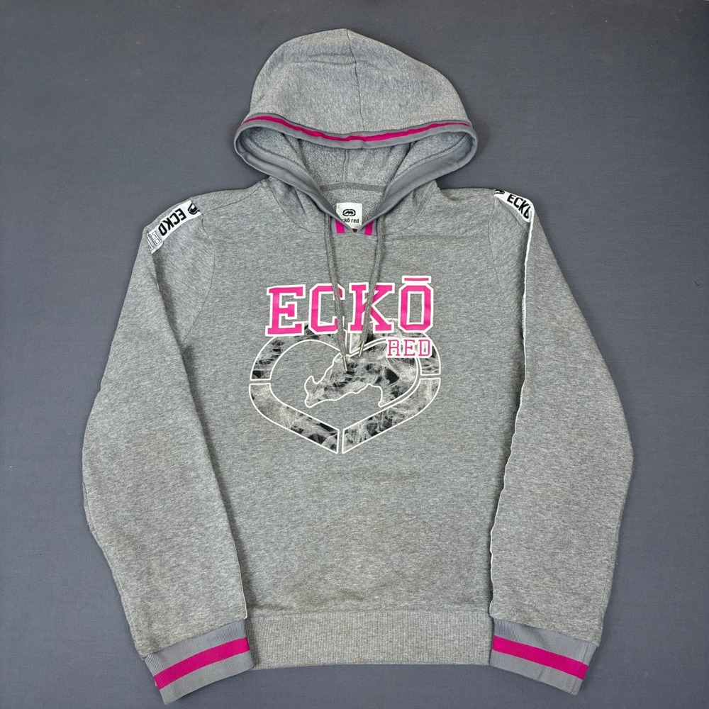 Y2K Ecko Unltd Gray Pullover Graphic Hoodie Pink Rhino Women's Size Large